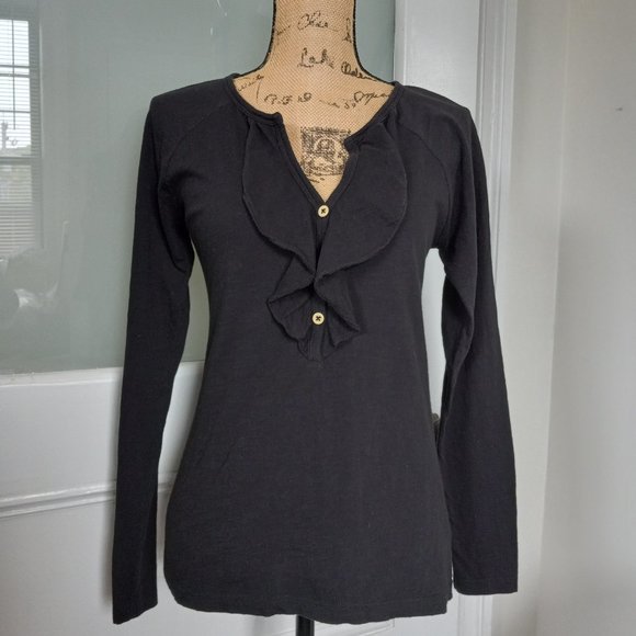 Lilla P Black Pima Cotton Long Sleeve Tee V Neck Ruffle Size S Made in Peru - Picture 1 of 12